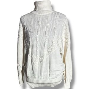 Bogner Classic White Loose Fit Cable Knit Clean and Simple Turtleneck Sweater